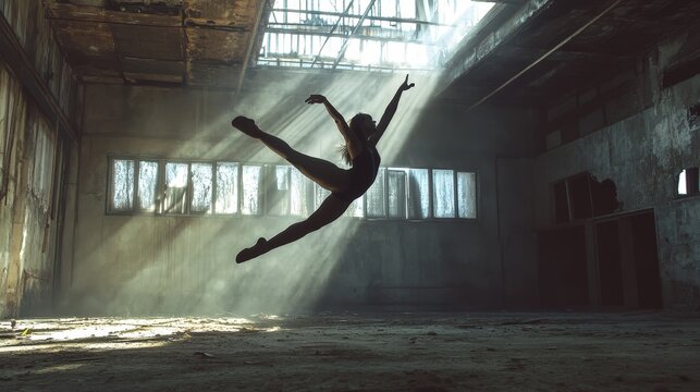 Elegance in Motion: A Dancer's Graceful Leap Illuminated by Sunlight in an Abandoned Warehouse