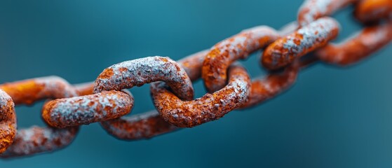  A tight shot of a rusted metal chain, covered in snow at its top and bottom ends