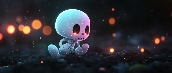  A cartoon skeleton sits amidst a mound of rocks, surrounded by numerous glowing lights in the background
