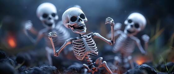  A collection of skeletons, arms extended upward, legs lifted, populate a verdant field