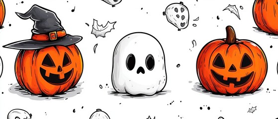  A gathering of Halloween pumpkins, each sporting Jack-o-lantern features, encircles a solitary specter with a ghostly visage in the image's heart