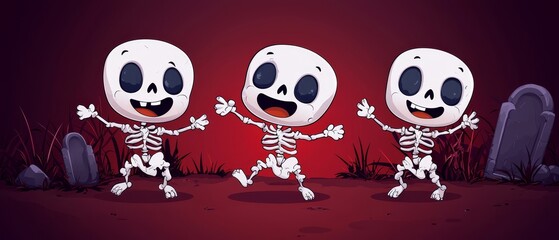  A gathering of cartoon skeletons, with raised arms and legs before a tombstone