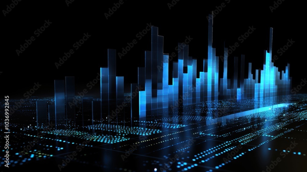 Poster abstract digital cityscape with glowing blue bars and data points