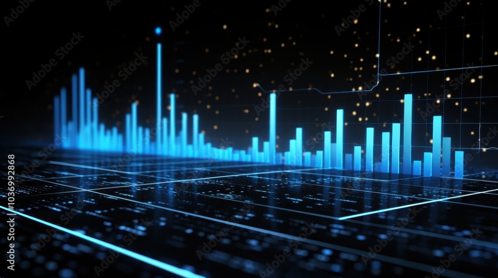 Poster Abstract Blue Data Visualization with Glowing Bars and Grid