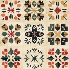 Vintage Folk Art quilt block pattern on vintage beige fabric background, seamless repeating pattern, textile print style, minimal, Folk Art design, seamless quilt block pattern, home decor, textiles