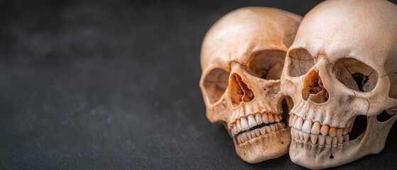 Naklejka premium Two skulls placed together on a black surface, against a black background - only one visible at a time