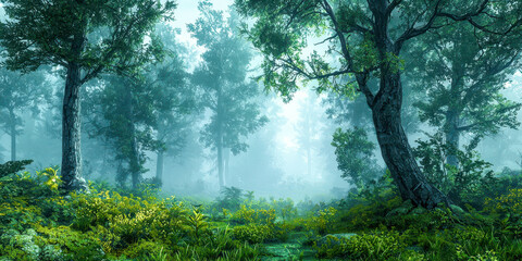 Fototapeta premium A forest with trees and a foggy sky