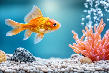 Fototapeta premium Vibrant goldfish swimming in a serene aquarium with colorful coral and pebbles, creating a peaceful aquatic scene.
