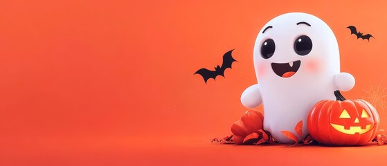 Fototapeta premium A ghost sits beside a pumpkin against an orange backdrop Bats fly around, while a jack-o-lantern takes center stage in the foreground