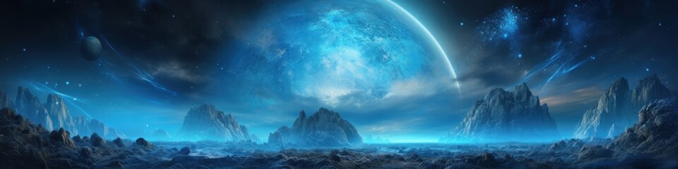 Fototapeta premium A Blue Planet Rises Over a Rocky, Otherworldly Landscape