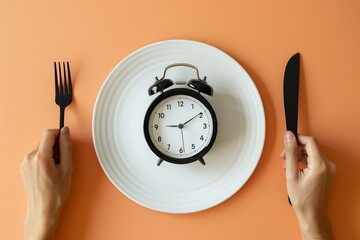 Concept of Intermittent Fasting with Clock on Plate and Utensil