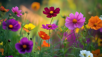 A park with a meadow filled with pink cosmos flowers in backlighting, featuring wildflowers.
