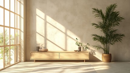 Fototapeta premium Blank wall in modern scandi living room. the wall has a low buffet cupboard against it. there is a tall plant on the side.