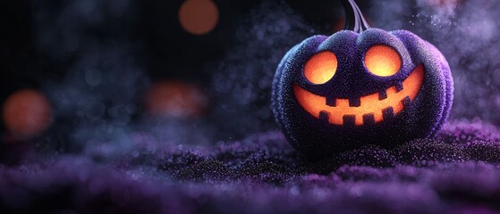 Naklejka premium A Halloween pumpkin with glowing eyes stands proudly in the midst of a lush, green field Its Jack-o-lantern face grins from within