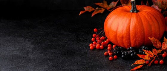  A pumpkin atop a table, adjacent to an arrangement of oranges and berries, and a cluster of leaves