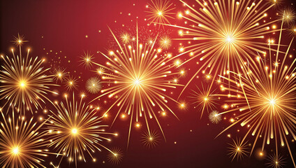Fototapeta premium Golden Fireworks Explosion Against Dark Red Sky