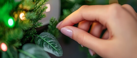  A hand hovers close to a green Christmas tree, adorned with twinkling lights A green plant serves as the background