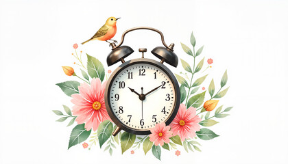 Vintage alarm clock decorated with flowers and a bird on top in a colorful design