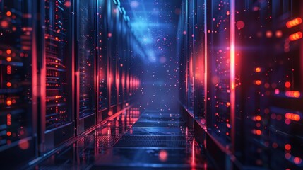 Naklejka premium A Row of Servers with Red and Blue Lights in a Data Center