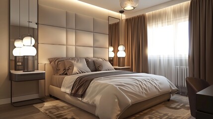 An elegant zen Scandinavian bedroom with a double bed an upholstered headboard