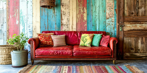 A red couch with colorful pillows sits in front of a colorful wall