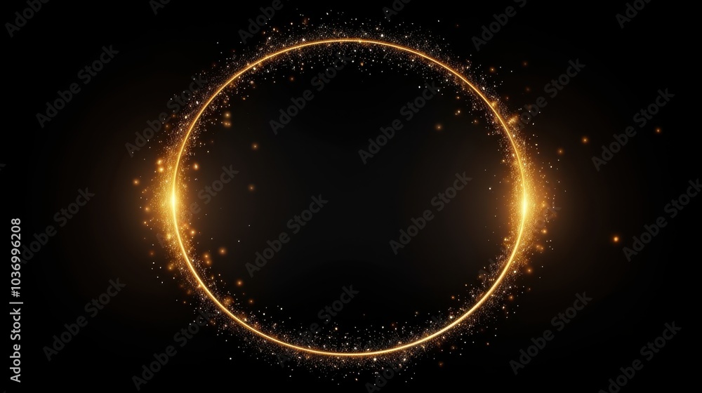 Poster golden circle frame with sparkling dust particles on a black background