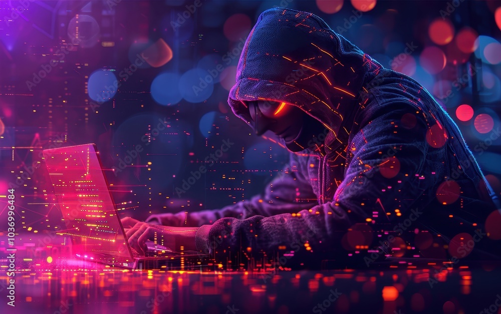 Poster a hooded figure with glowing lines using a laptop in a dark room