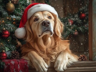 Golden retriever wearing a santa claus hat, sitting in front of a christmas tree, highly realistic, soft and warm tones, cozy atmosphere
