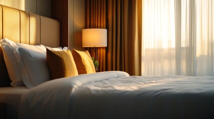 Fototapeta premium Hotel room design, modern, luxury details, neutral, natural light with warm tones,