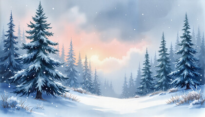 Fototapeta premium Winter forest landscape with snow-covered trees and a soft glowing horizon at sunset