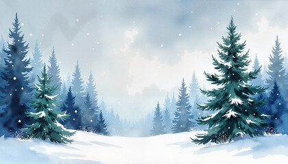 Fototapeta premium Snowy winter forest scene with evergreen trees and gentle snowfall against a soft background
