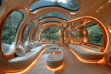 Fototapeta premium Inside of a train, luxury business, traight view, modern, futuristic