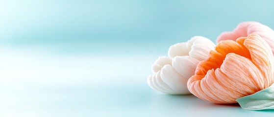 A couple of tulips atop a blue-and-white countertop against a light blue background