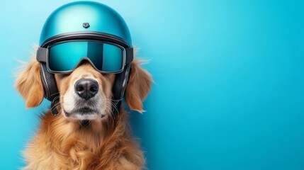 Isolated golden retriever wearing moto helmet and moto glasses