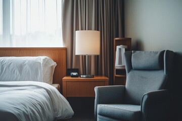 Modern hotel room with a white bed and an armchair, a wooden nightstand table and a simple table lamp with a matching round shade