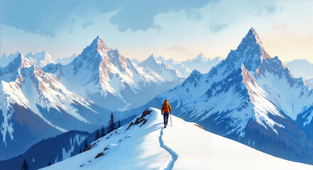 Hiker in an orange jacket trekking on a snowy mountain trail with stunning peaks in the background