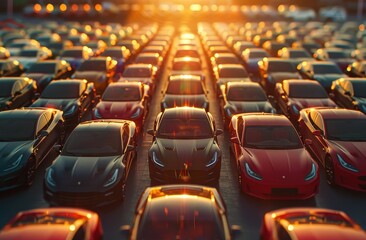 Obraz premium A Row of Sleek, Black Cars in a Parking Lot at Sunset