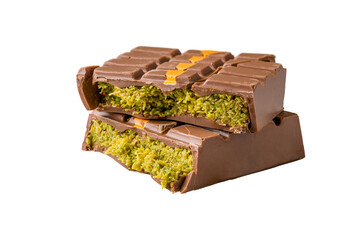 Dubai Chocolate bar with green kadayif and peanut butter on white background