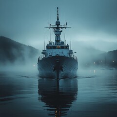 Militaryship faced front view in calm sea