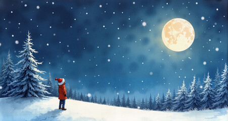 Fototapeta premium Child in a red coat gazing at a full moon in a snowy landscape during a winter night