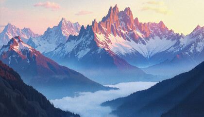 Obraz premium Majestic mountain landscape at sunrise with snow-capped peaks and misty valleys
