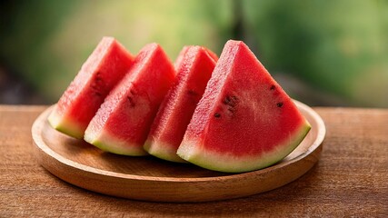 Sliced fresh watermelon on a wooden plate.