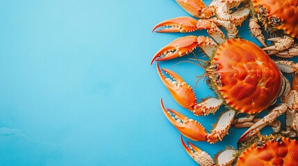 Close-up of fresh cooked crabs on a blue background with copy space.