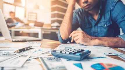 Fototapeta premium A distressed individual seated at a table covered with scattered financial documents and a calculator, overwhelmed by consumer debt. stress, financial distress, economic difficulties, anxiety, worry