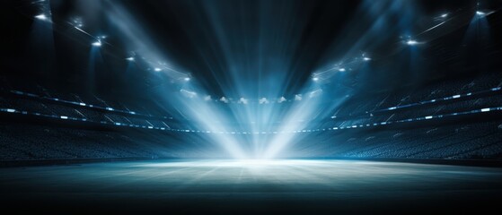 Empty Stadium with Spotlight Beams Illuminating the Center