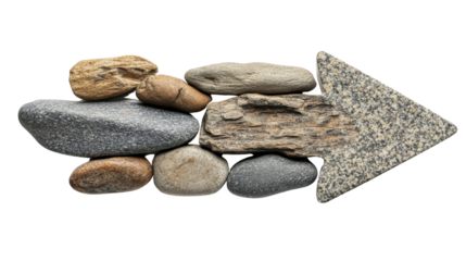 Arrow made from various stones on a white isolate background Transparent background