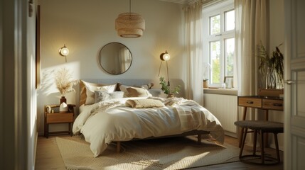 A cozy retreat in Scandinavian style, featuring a double bed with a headboard