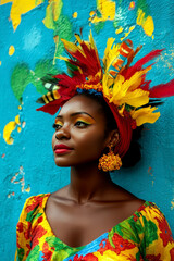 Independence day of Grenada. Vertical poster. A beautiful woman in a traditional Grenada dress on a blue background.