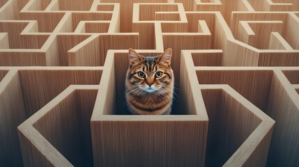 3D cat exploring a maze symbolizing curiosity.
