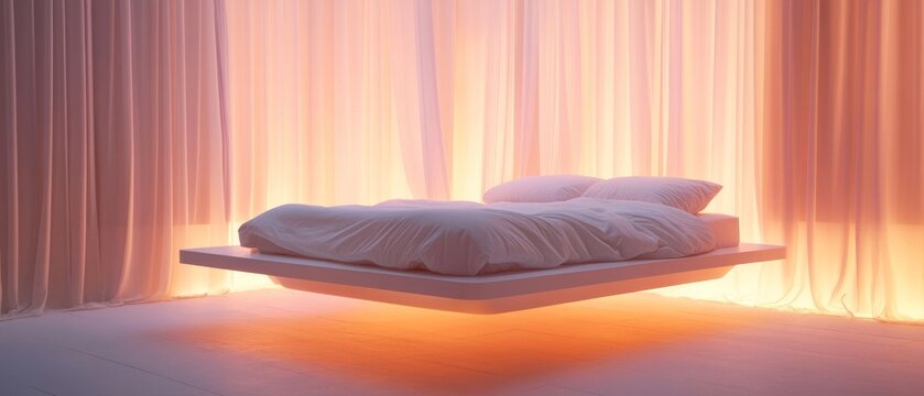 A bed is floating in the air with a curtain behind it